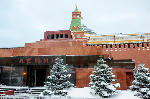 Moscow, Russia - December 16, 2023: Vladimir Lenin's Mausoleum on Red Square.
 Vladimir Lenin's Mausoleum is a tomb monument located on Red Square near the Kremlin Wall.