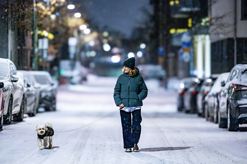 Stockholm, Sweden, A woman walks the snowy street with a Bichpoo dog on a leash in the winter night.