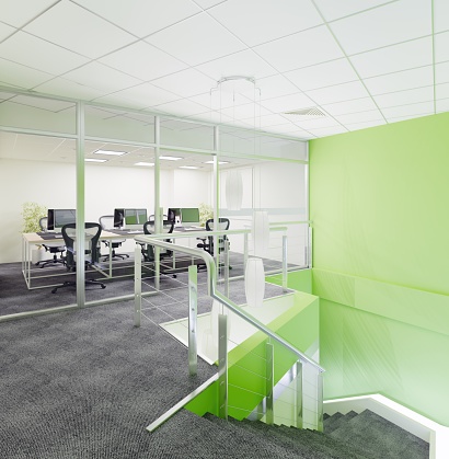 Interior of a modern office with green walls, . 3d rendering mock up