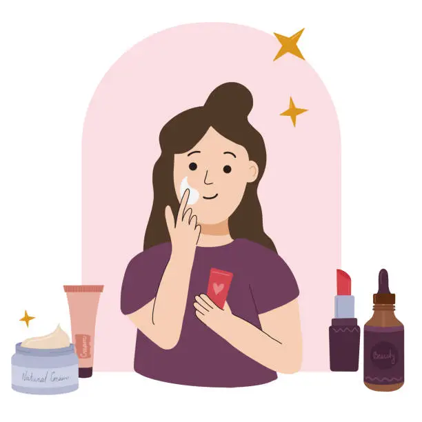 Vector illustration of The woman cares for the skin and applies cream on the face. The Illustration is in flat cartoon style. Woman is making facial massages, self-care routines, moisturizing, and hygiene. Vector illustration