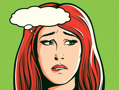 Comic book image of troubled woman biting her lips, struggling over hard decision
