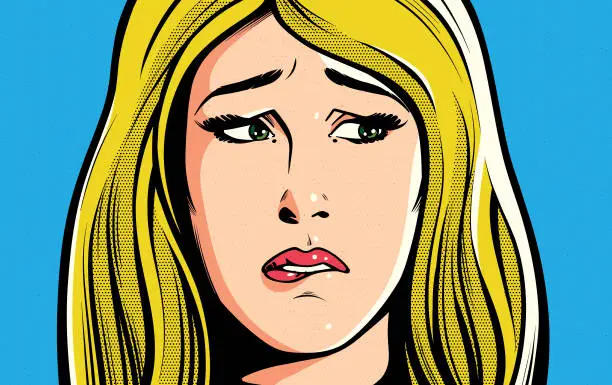 Vector illustration of Worried and troubled woman pop art