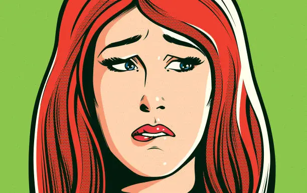 Vector illustration of Worried and troubled woman pop art