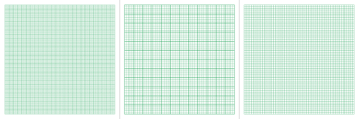 3 Types of square checkered graph paper background green color or ledger paper colour. For students, projects, engineers. Seamless pattern