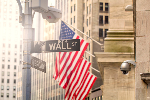 Wall Street road sign. Lower Manhattan, New York.