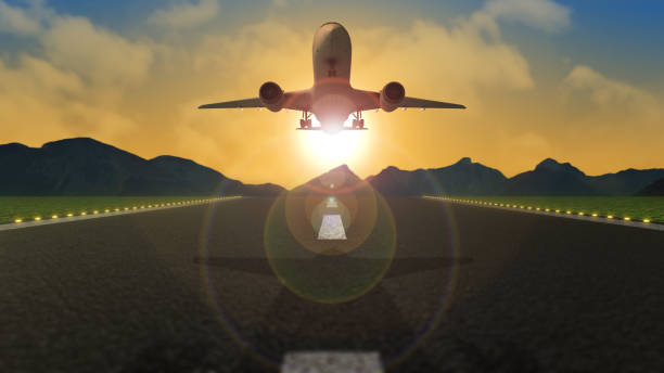 istock Airplane taking off over the runway with sun 1884532279