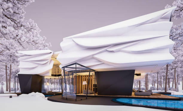 istock 3d rendering of modern house with bionic natural curves plastic forms in winter evening 1884539034