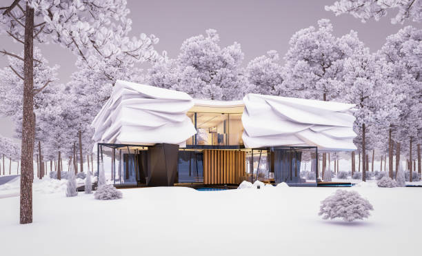 istock 3d rendering of modern house with bionic natural curves plastic forms in winter evening 1884539035