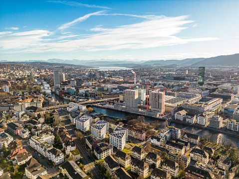 Zurich scenic view with beautiful lake, mountains and Primetower. Autumn sunshine