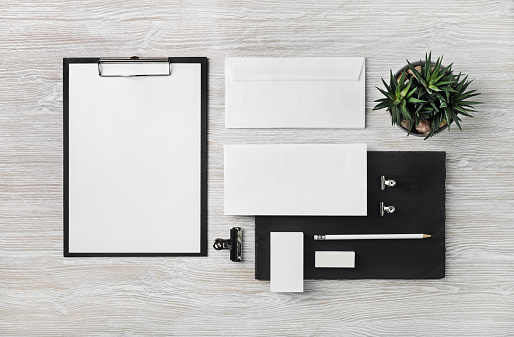 Photo of blank stationery set. Template for design presentations and portfolios. Flat lay.