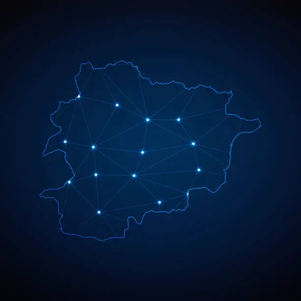 Vector illustration of Abstract wireframe mesh polygonal map of Andorra with lights in the form of cities on dark blue background. Vector illustration EPS10