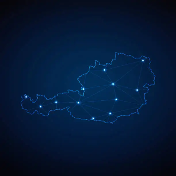 Vector illustration of Abstract wireframe mesh polygonal map of Austria with lights in the form of cities on dark blue background. Vector illustration EPS10