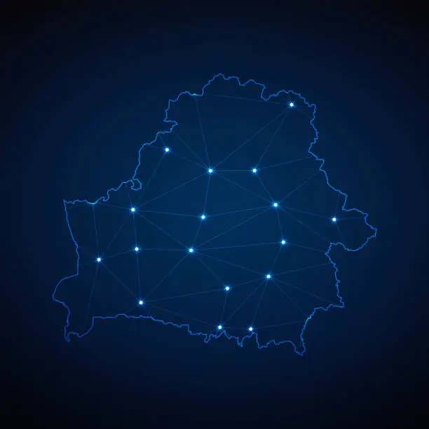 Vector illustration of Abstract wireframe mesh polygonal map of Belarus with lights in the form of cities on dark blue background. Vector illustration EPS10