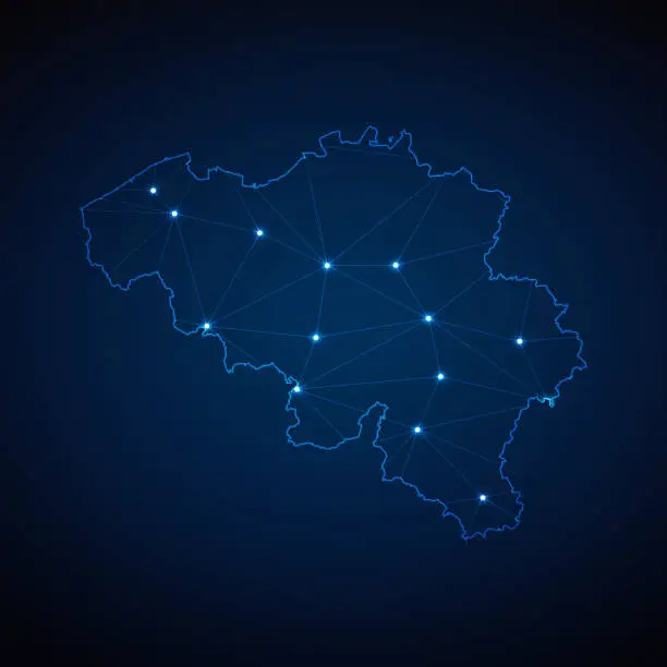 Vector illustration of Abstract wireframe mesh polygonal map of Belgium with lights in the form of cities on dark blue background. Vector illustration EPS10