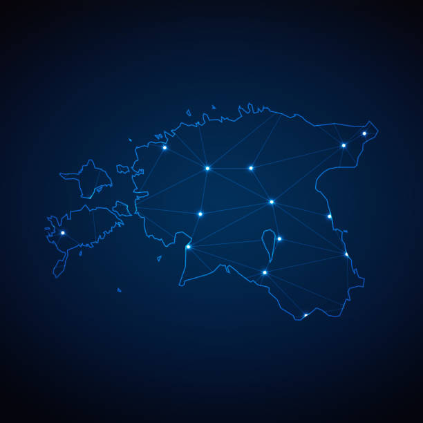 istock Abstract wireframe mesh polygonal map of Estonia with lights in the form of cities on dark blue background. Vector illustration EPS10 1884590960
