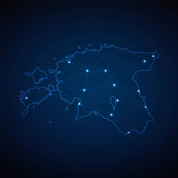 Vector illustration of Abstract wireframe mesh polygonal map of Estonia with lights in the form of cities on dark blue background. Vector illustration EPS10