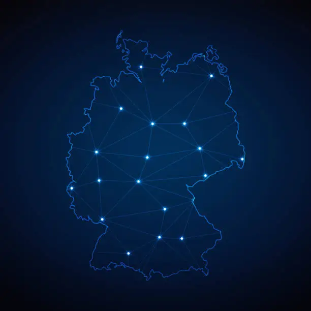 Vector illustration of Abstract wireframe mesh polygonal map of Germany with lights in the form of cities on dark blue background. Vector illustration EPS10