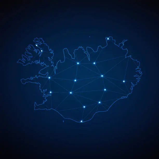 Vector illustration of Abstract wireframe mesh polygonal map of Iceland with lights in the form of cities on dark blue background. Vector illustration EPS10