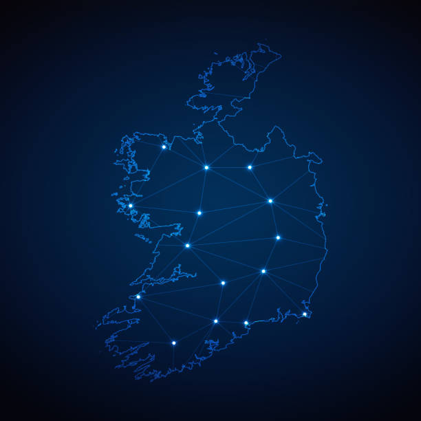 istock Abstract wireframe mesh polygonal map of Ireland with lights in the form of cities on dark blue background. Vector illustration EPS10 1884591988