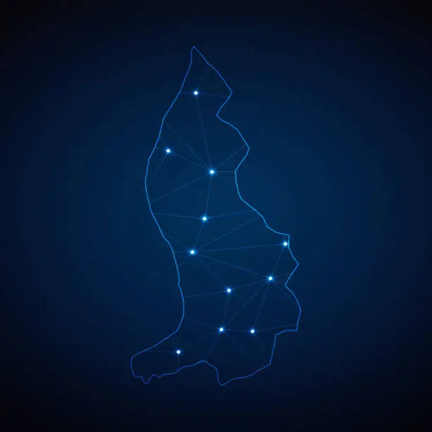 Vector illustration of Abstract wireframe mesh polygonal map of Liechtenstein with lights in the form of cities on dark blue background. Vector illustration EPS10