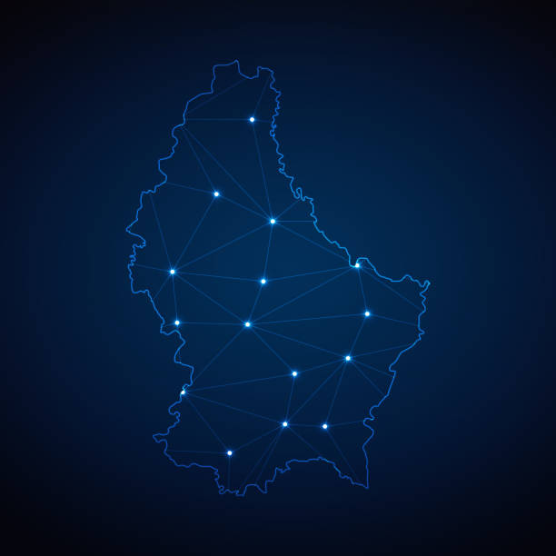 istock Abstract wireframe mesh polygonal map of Luxembourg with lights in the form of cities on dark blue background. Vector illustration EPS10 1884592514