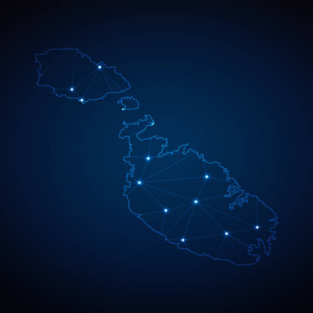 istock Abstract wireframe mesh polygonal map of Malta with lights in the form of cities on dark blue background. Vector illustration EPS10 1884592527