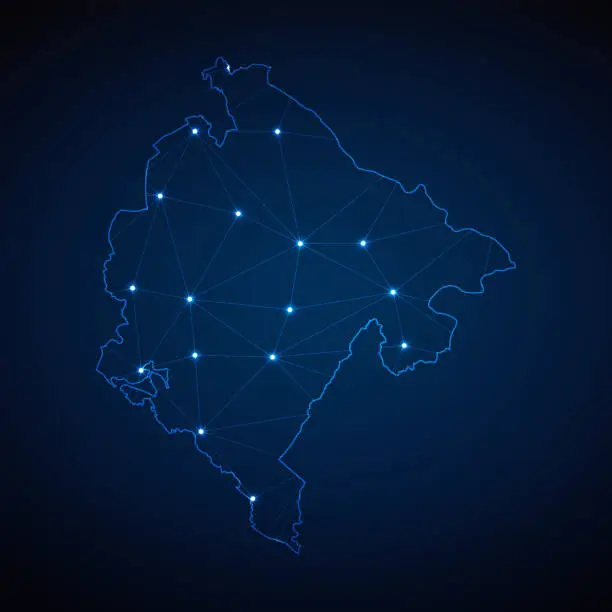 Vector illustration of Abstract wireframe mesh polygonal map of Montenegro with lights in the form of cities on dark blue background. Vector illustration EPS10
