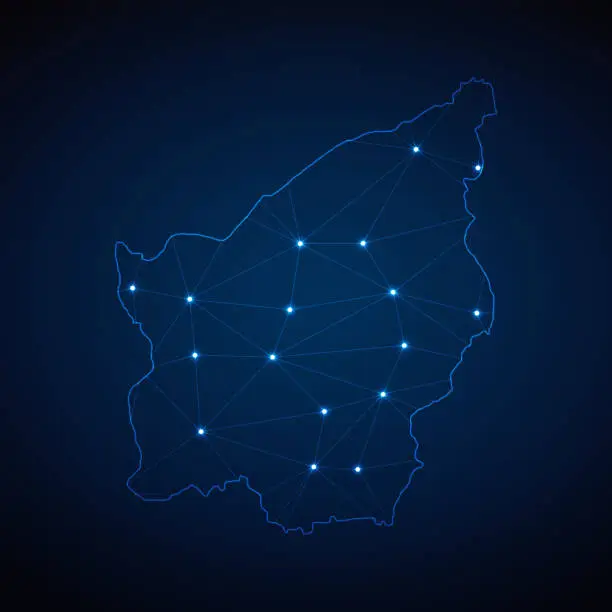 Vector illustration of Abstract wireframe mesh polygonal map of San Marino with lights in the form of cities on dark blue background. Vector illustration EPS10