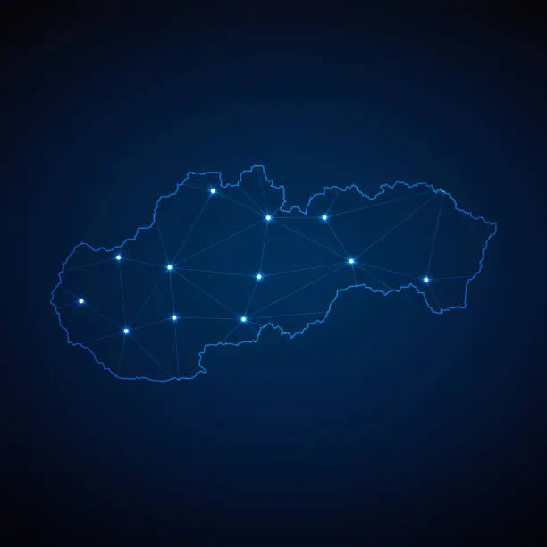 Vector illustration of Abstract wireframe mesh polygonal map of Slovakia with lights in the form of cities on dark blue background. Vector illustration EPS10