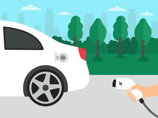 Vector illustration of Hand Holding Electric Car Charger. Side View Of Electric Car On The Road. Environmental Conservation, Clean And Green Energy Concept