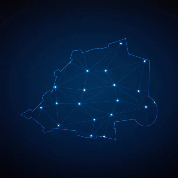 Vector illustration of Abstract wireframe mesh polygonal map of Vatican City State with lights in the form of cities on dark blue background. Vector illustration EPS10