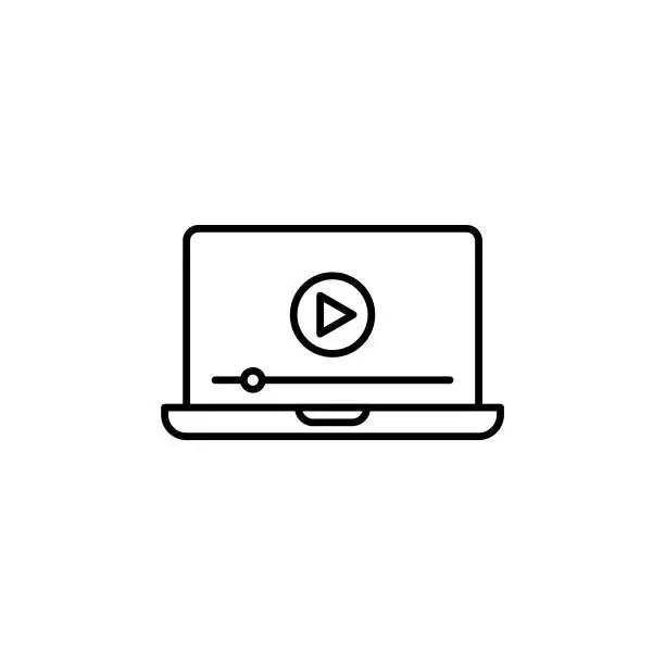 Vector illustration of Tutorial Video on Laptop Screen Line Icon with Editable Stroke. The Icon is suitable for web design, mobile apps, UI, UX, and GUI design.