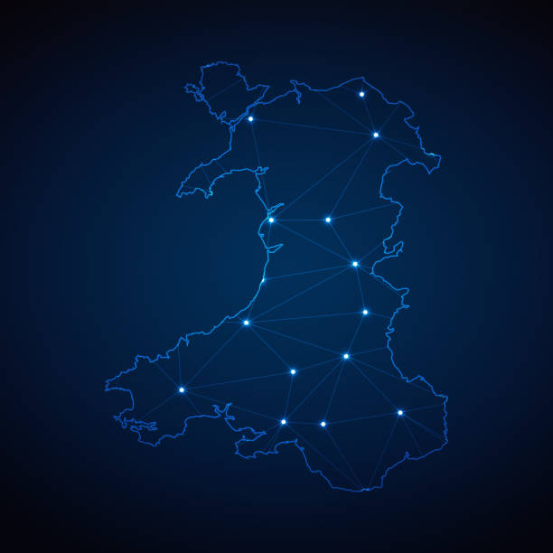 ilustrações de stock, clip art, desenhos animados e ícones de abstract wireframe mesh polygonal map of wales with lights in the form of cities on dark blue background. vector illustration eps10 - wales cardiff map welsh flag