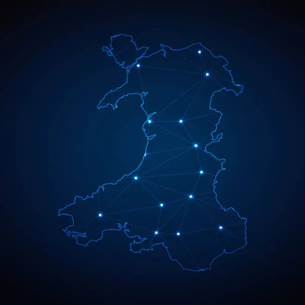 Vector illustration of Abstract wireframe mesh polygonal map of Wales with lights in the form of cities on dark blue background. Vector illustration EPS10