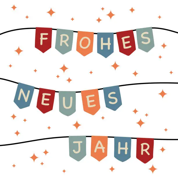 Vector illustration of Frohes neues Jahr - text in German - Happy New Year. Square New Year’s card with colorful pennant flags.