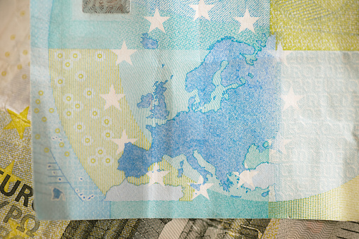 European map displayed on a 20 euro banknote