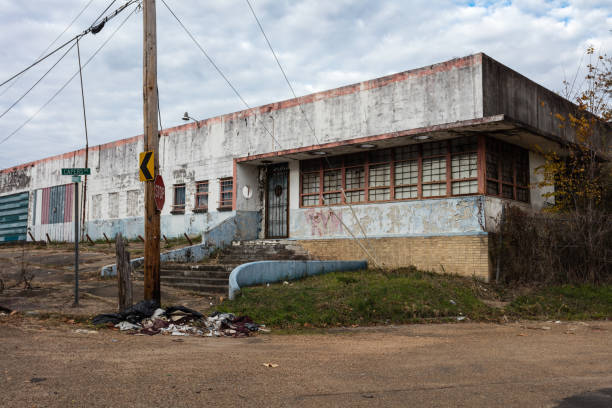 Abandoned mid-century building on corner