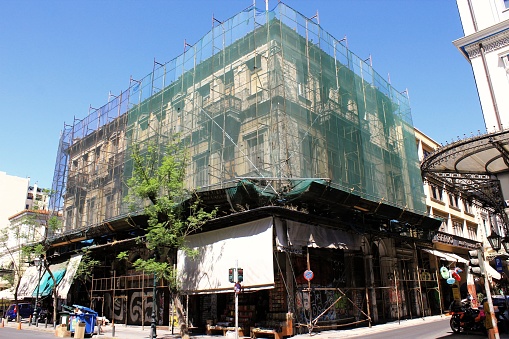 Old building under restoration in Athens, Greece, June 17 2020.