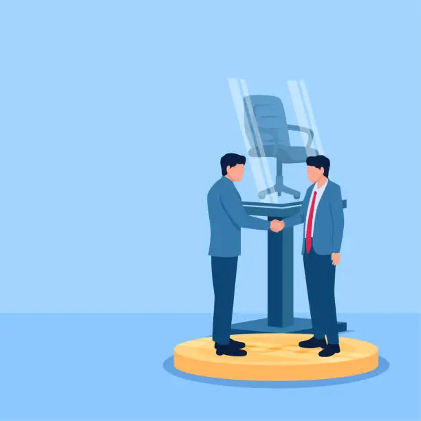 Vector illustration of people shake hands for seats over coins, a metaphor for the corruption of office. Simple flat conceptual illustration. drain