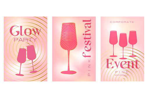 Aesthetic pink gradient poster with pink champagne glasses, geometric gold circles. Elegant poster set for festival or corporate event party with copy space. Luxury template with glowing gold lines.