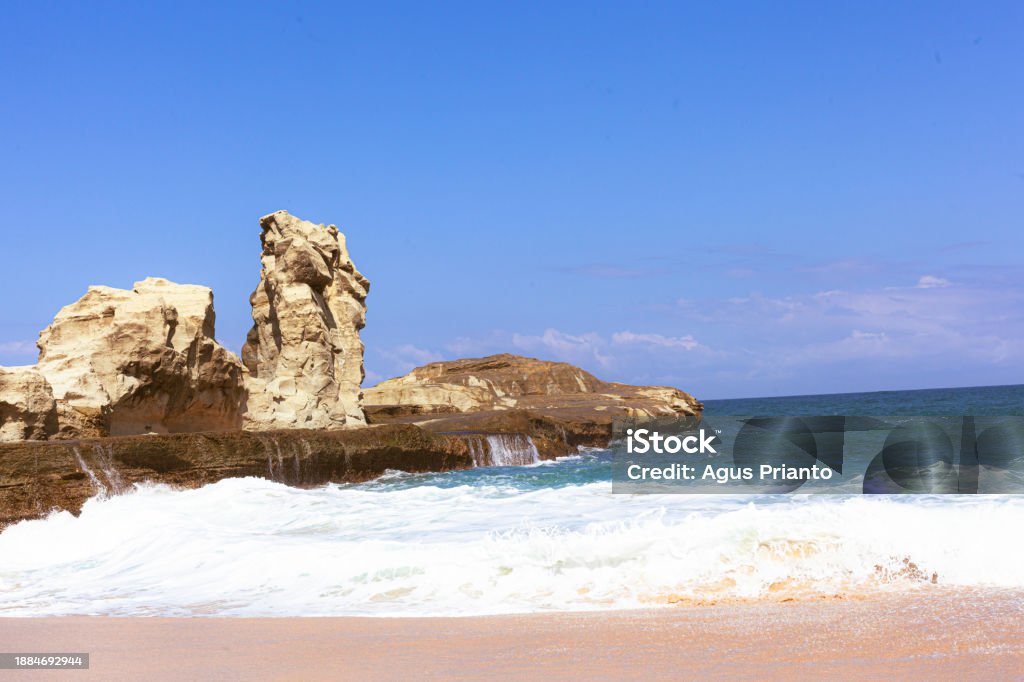 Klayer Photo Beautiful Beach With Waves Breaking On The Rocks Pacitan Klayer East ...