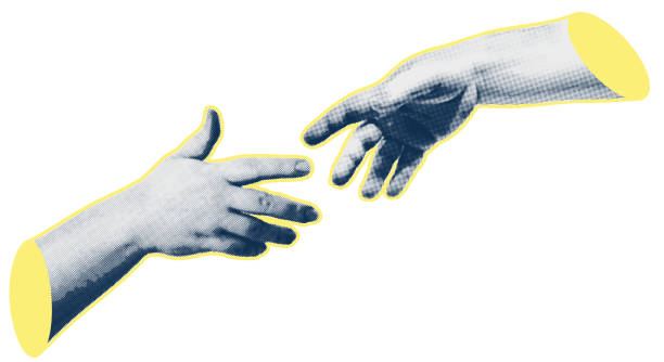 istock Trendy collage halftone elements with hand gestures, cutout shapes Symbol win, like, punk. Isolated white background. Concept of protest, confrontation, struggle, strike, victory. Vector illustration 1884695054