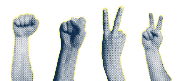 istock Trendy collage halftone elements with hand gestures, cutout shapes Symbol win, like, punk. Isolated white background. Concept of protest, confrontation, struggle, strike, victory. Vector illustration 1884695064