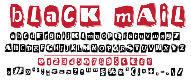 Ransom collage style stencil black and red letters numbers and punctuation marks cut from newspapers and magazines. Vintage ABC collection. Black and white alphabet Typography vector illustration Ransom collage style stencil black and red letters numbers and punctuation marks cut from newspapers and magazines. Vintage ABC collection. Black and white alphabet Typography vector illustration. punk music stock illustrations