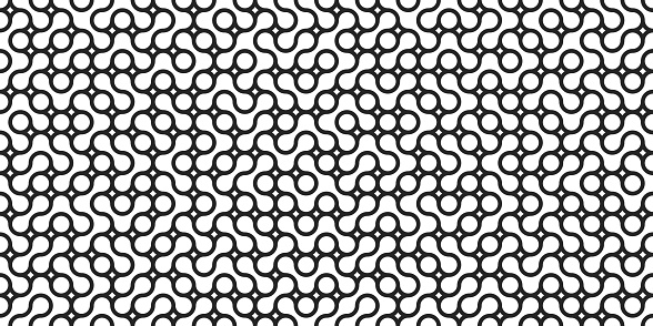 Seamless pattern with circle connect shape. Metaball dots icon. Integration technology symbols. Abstract point movement. Transition round blobs. Vector texture illustration. Isolated white background