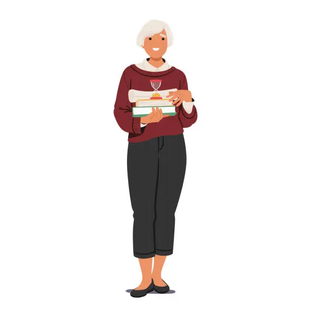 Vector illustration of Wise Senior Female Teacher Character Stands With Authority, and A Pile Of Books In Hands, Cartoon Vector Illustration