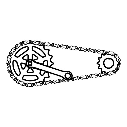 Chain bicycle link bike motorcycle two element crankset cogwheel sprocket crank length with gear for bicycle cassette system bike contour outline line icon black color vector illustration image thin flat style simple