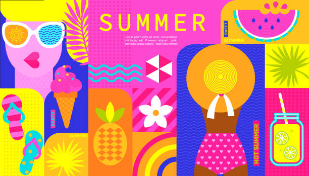Hot summer party poster with summertime elements. Hot summer party poster, design template with summertime elements on background. Summer themes,vacation,weekend,beach.Perfect background for posters,cover art,flyer,banner,web.Vector illustration. pineapple beach stock illustrations