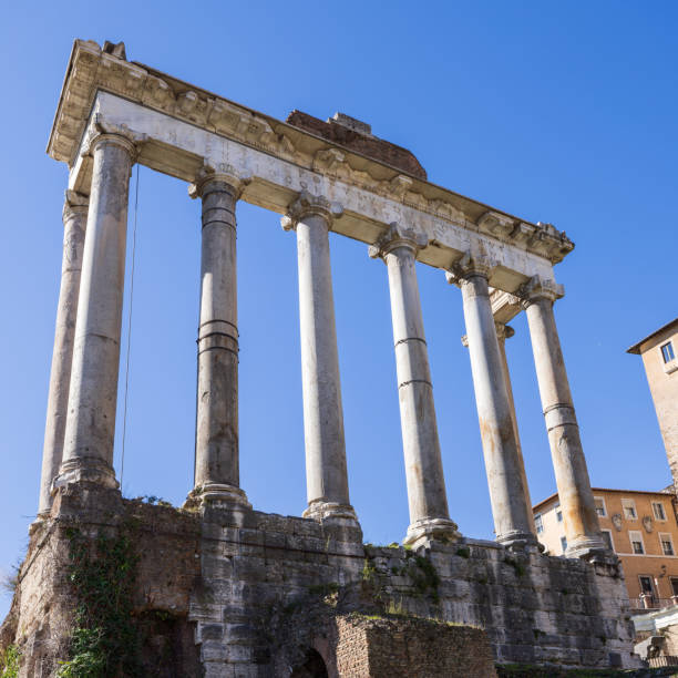 Rome, Italy - February 23, 2023: Temple of Saturn in the Roman Forum in Rome, Italy