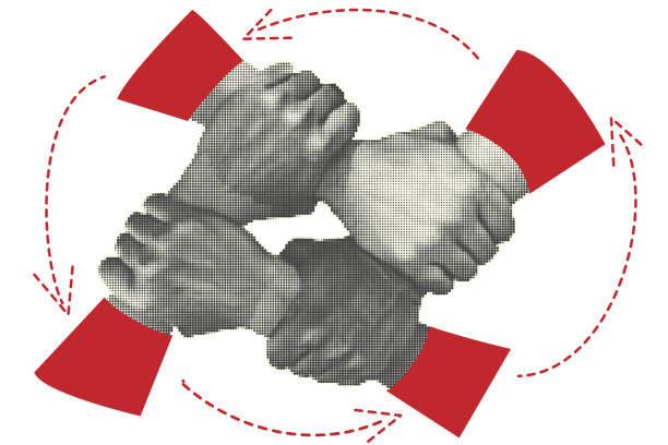 Four diverse people holding each others wrists in circle. Top view. Human halftone hands locked. Isolated on white background. Concept 4 hand assemble, corporate meeting teamwork. Vector illustration vector art illustration